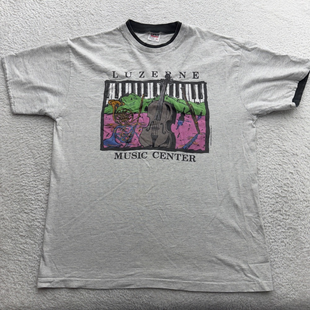 Vintage Anvil Luzerne Music Center Ringer T-Shirt Gray Mens XL Made in USA‎ 90s